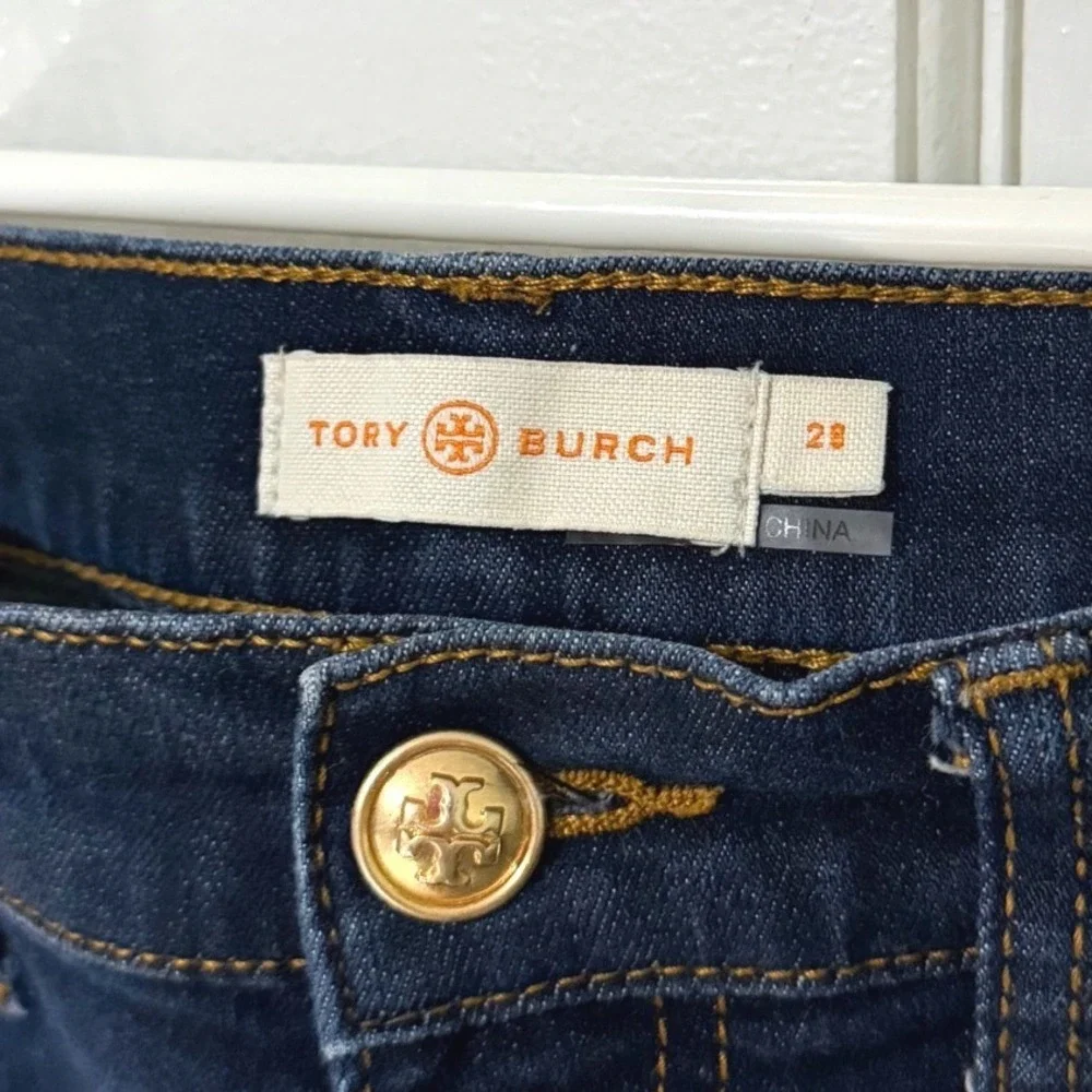 Tory Burch Dark Wash High Rise Skinny Jeans Indigo Gold Logo Button Size 28